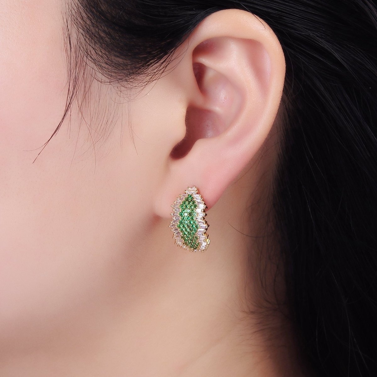 16K Gold Filled Green Micro Paved CZ Baguette Abstract C-Shaped Hoop Earrings | AB1109 - DLUXCA