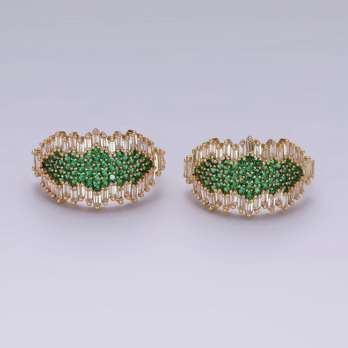 16K Gold Filled Green Micro Paved CZ Baguette Abstract C-Shaped Hoop Earrings | AB1109 - DLUXCA