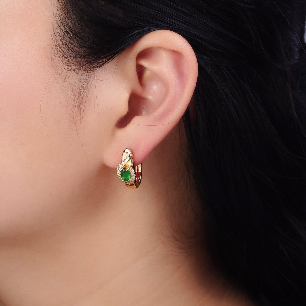 16K Gold Filled Green Oval Micro Paved Curved English Lock Earrings in Gold & Silver | Y-813 Y-814 - DLUXCA