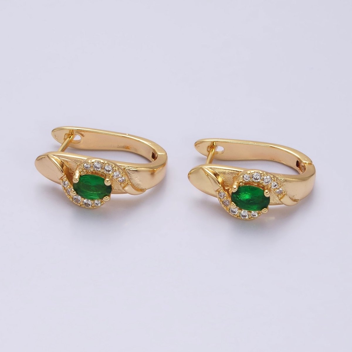 16K Gold Filled Green Oval Micro Paved Curved English Lock Earrings in Gold & Silver | Y-813 Y-814 - DLUXCA