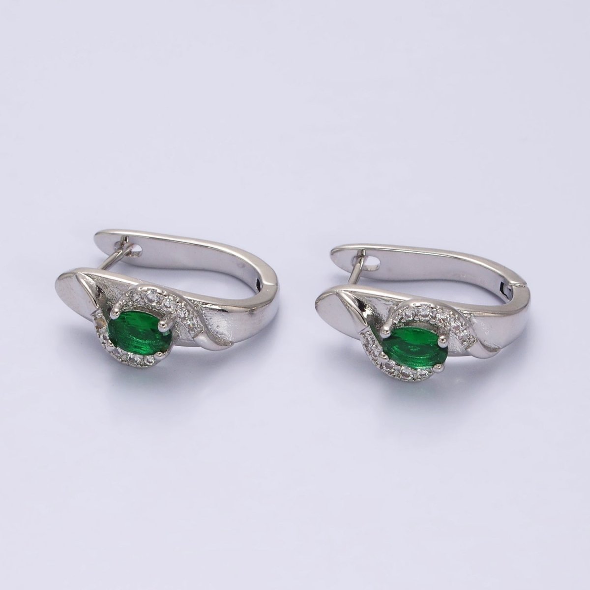 16K Gold Filled Green Oval Micro Paved Curved English Lock Earrings in Gold & Silver | Y-813 Y-814 - DLUXCA