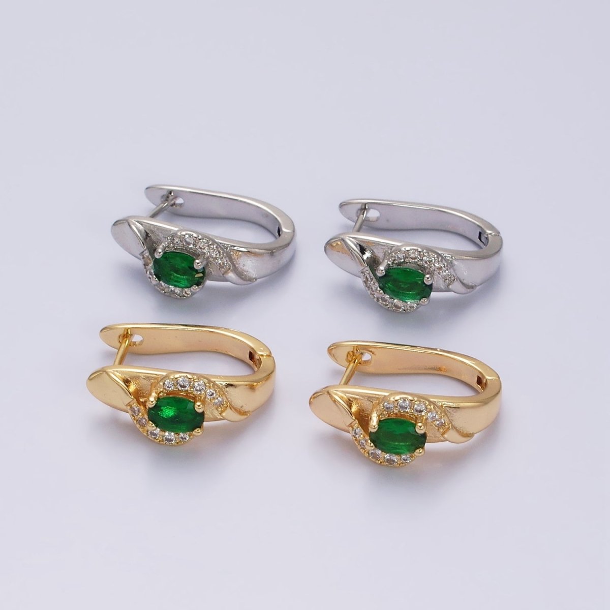 16K Gold Filled Green Oval Micro Paved Curved English Lock Earrings in Gold & Silver | Y-813 Y-814 - DLUXCA