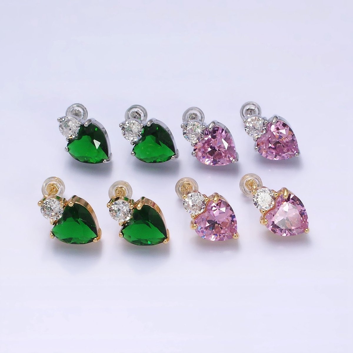 16K Gold Filled Green, Pink Heart Round CZ Stud Earrings in Gold & Silver | AD1074 - AD1077 - DLUXCA