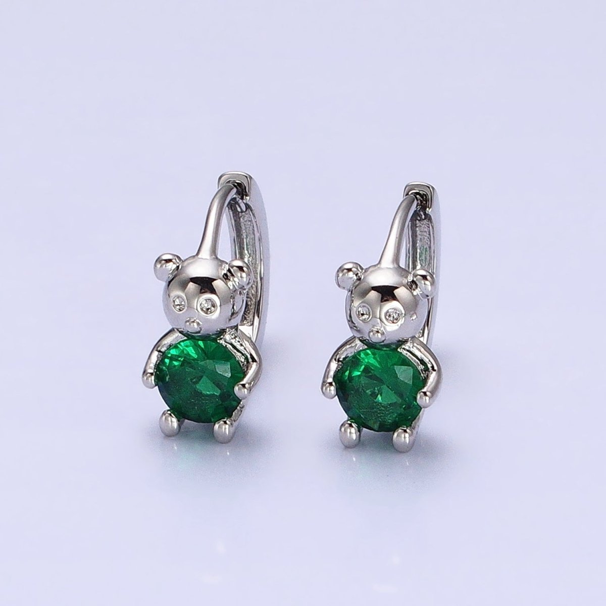 16K Gold Filled Green Round CZ Teddy Bear Animal 11mm Cartilage Huggie Earrings in Silver & Gold | AB650 AD1296 - DLUXCA