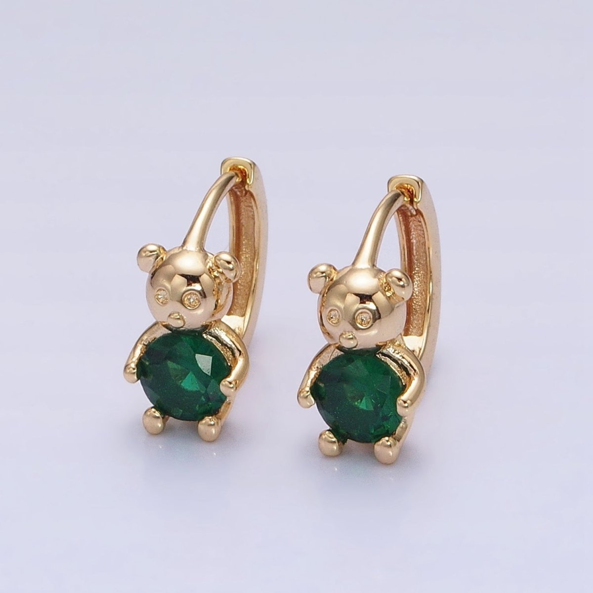 16K Gold Filled Green Round CZ Teddy Bear Animal 11mm Cartilage Huggie Earrings in Silver & Gold | AB650 AD1296 - DLUXCA