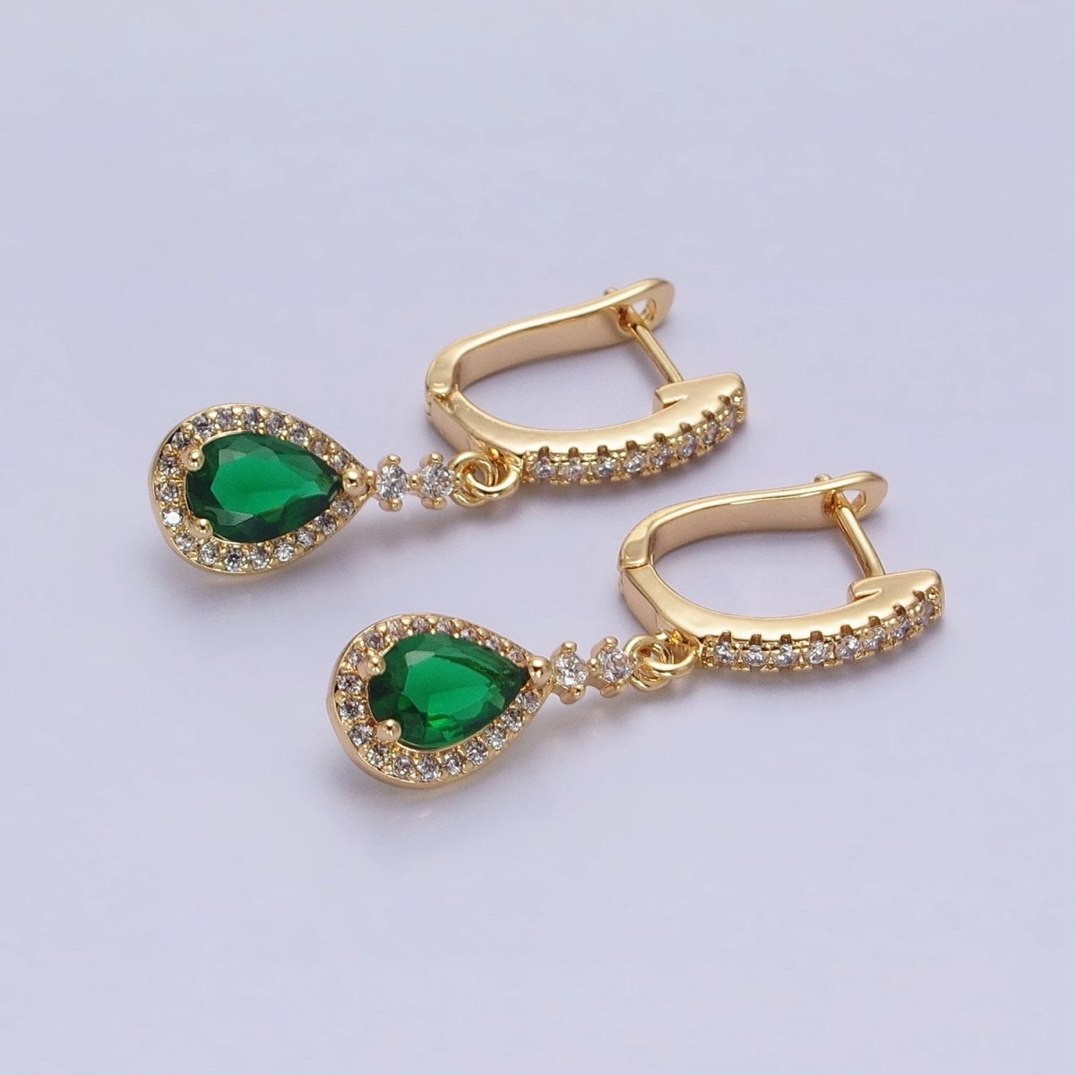 16K Gold Filled Green Teardrop Micro Paved CZ Drop English Lock Earrings in Gold & Silver | AB1421 AB1422 - DLUXCA