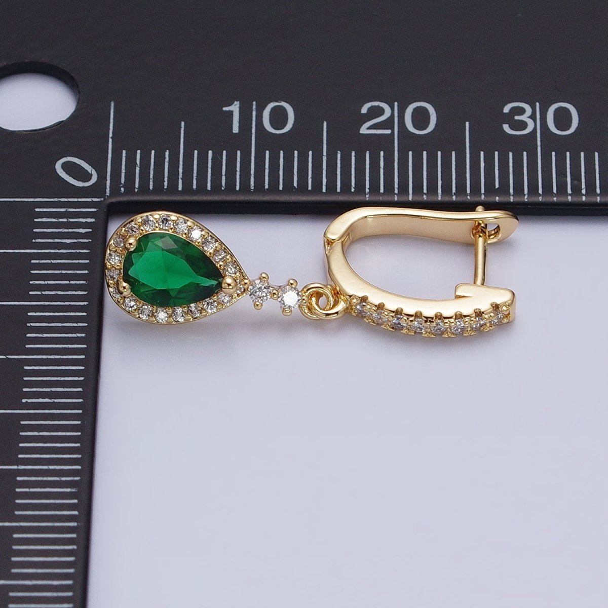 16K Gold Filled Green Teardrop Micro Paved CZ Drop English Lock Earrings in Gold & Silver | AB1421 AB1422 - DLUXCA