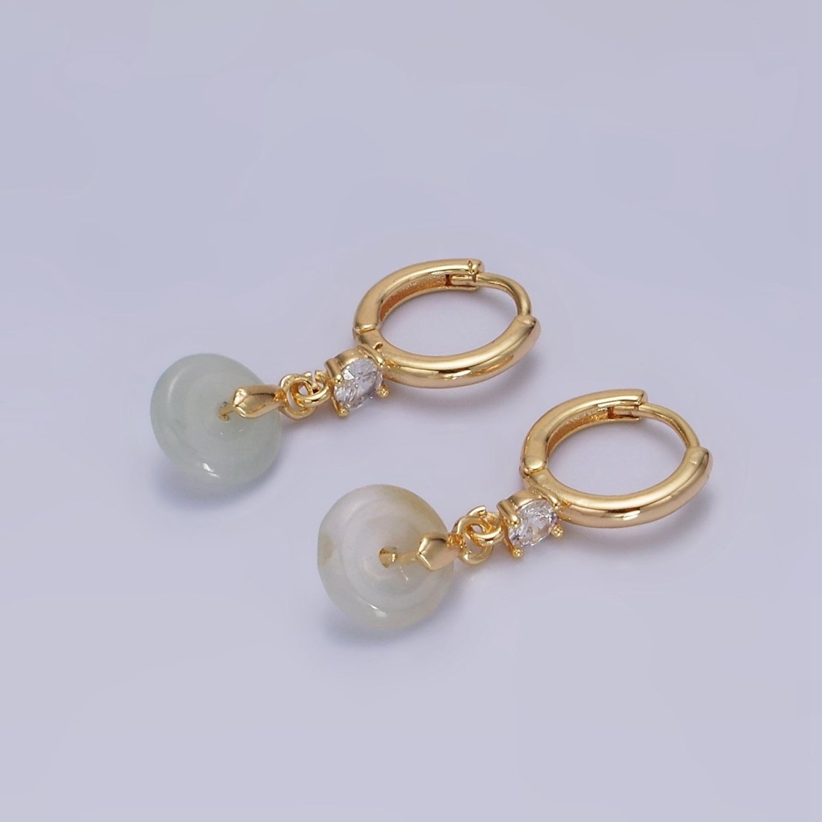 16K Gold Filled Green, White Jade Donut Round Drop Clear CZ Huggie Earrings | AE633 AE652 - DLUXCA