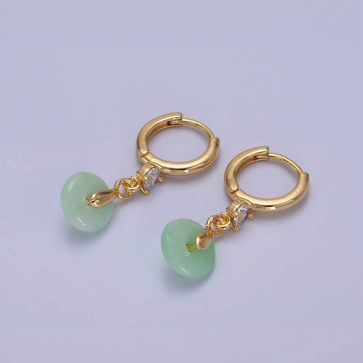 16K Gold Filled Green, White Jade Donut Round Drop Clear CZ Huggie Earrings | AE633 AE652 - DLUXCA