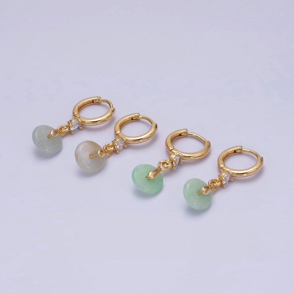 16K Gold Filled Green, White Jade Donut Round Drop Clear CZ Huggie Earrings | AE633 AE652 - DLUXCA