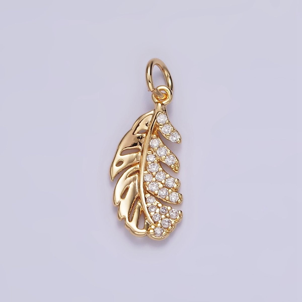 16K Gold Filled Half Clear Micro Paved CZ Palm Leaf Plant Charm | N1012 - DLUXCA