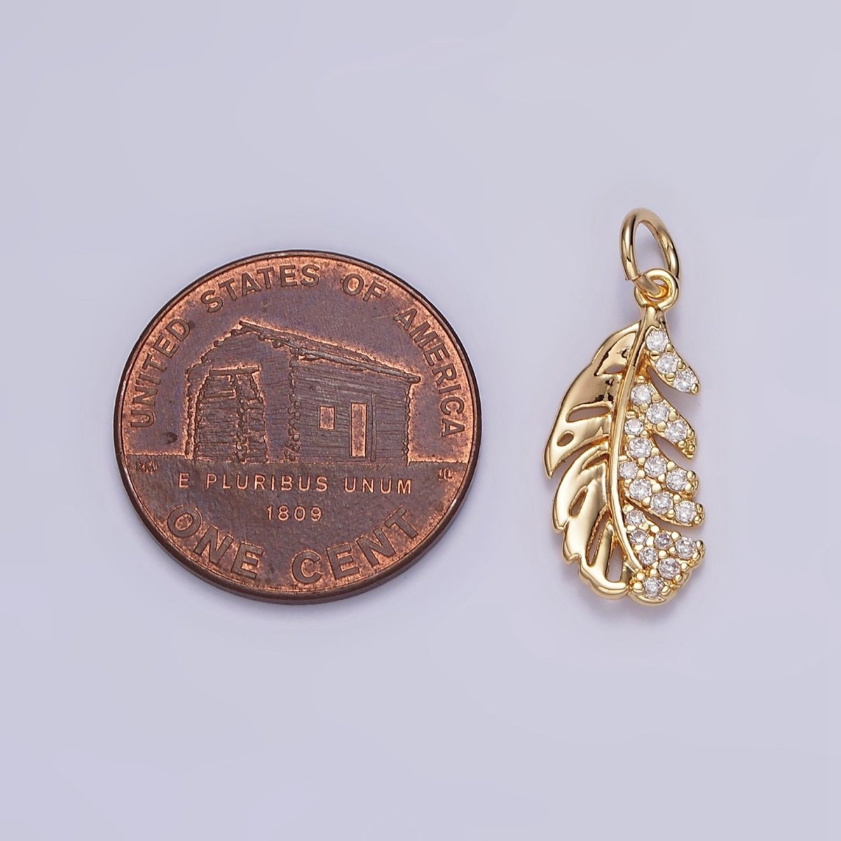 16K Gold Filled Half Clear Micro Paved CZ Palm Leaf Plant Charm | N1012 - DLUXCA