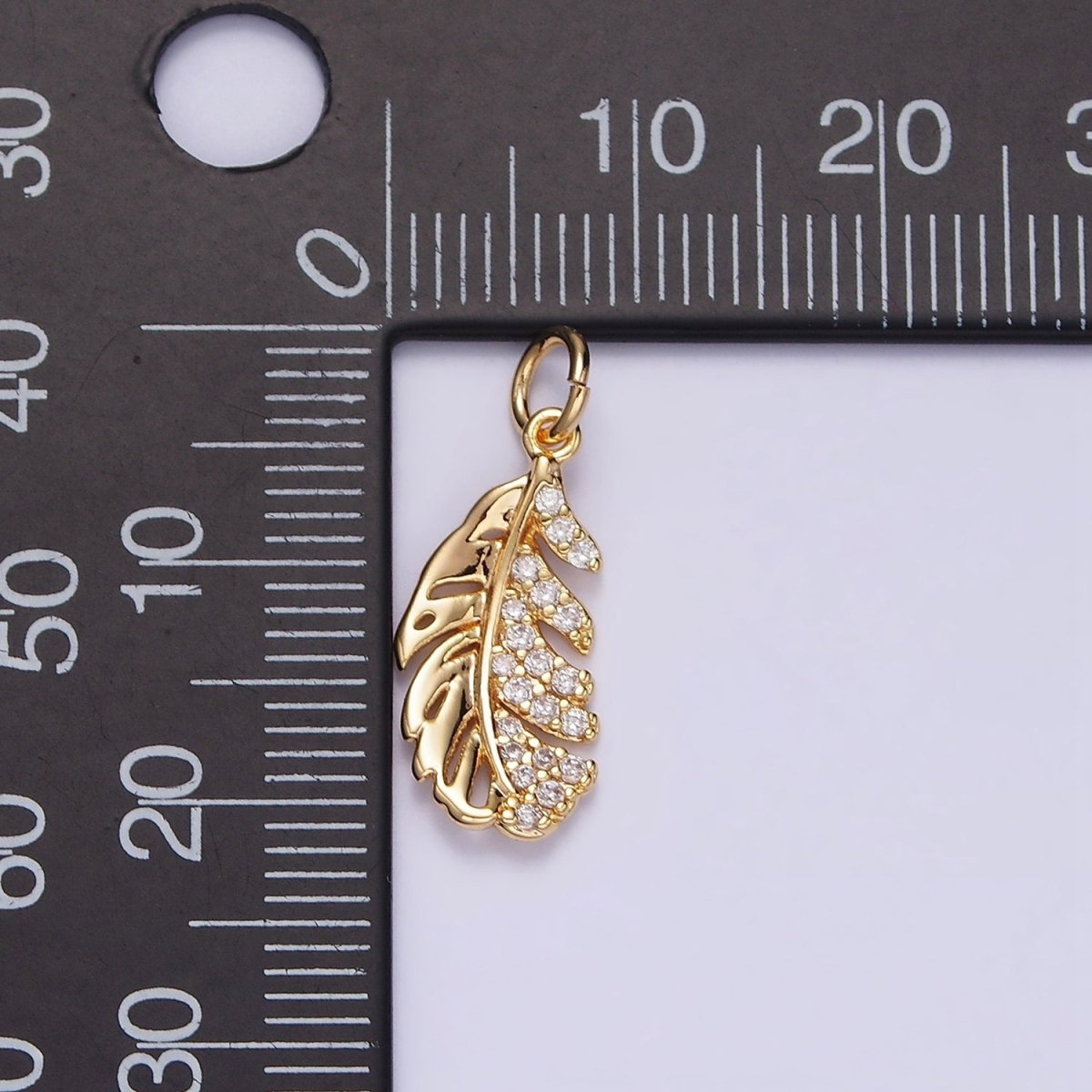 16K Gold Filled Half Clear Micro Paved CZ Palm Leaf Plant Charm | N1012 - DLUXCA