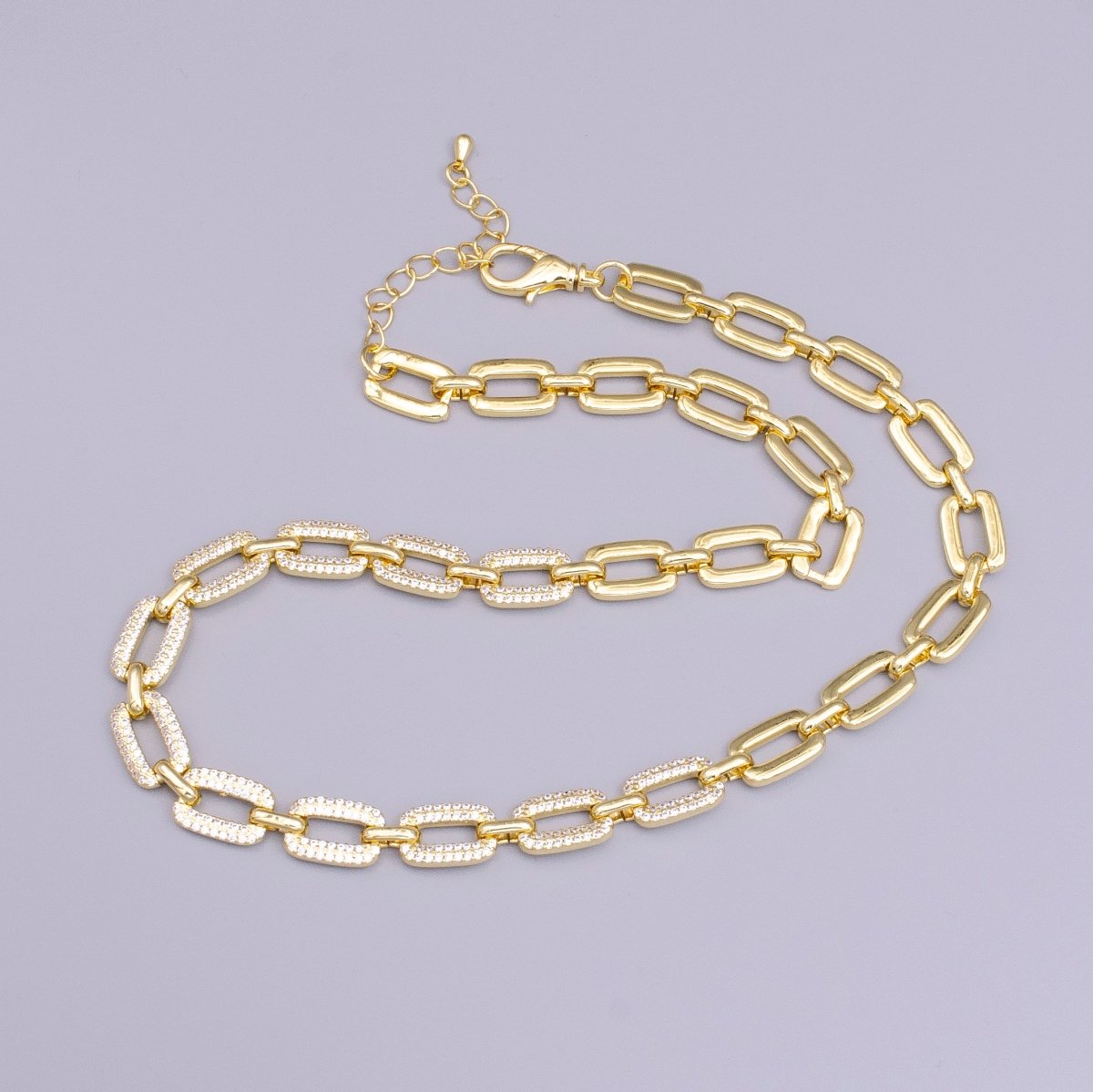16K Gold Filled Half Micro Paved CZ Unique Paperclip 17 Inch Chain Necklace in Gold & Silver | WA-1892 WA-1893 Clearance Pricing - DLUXCA