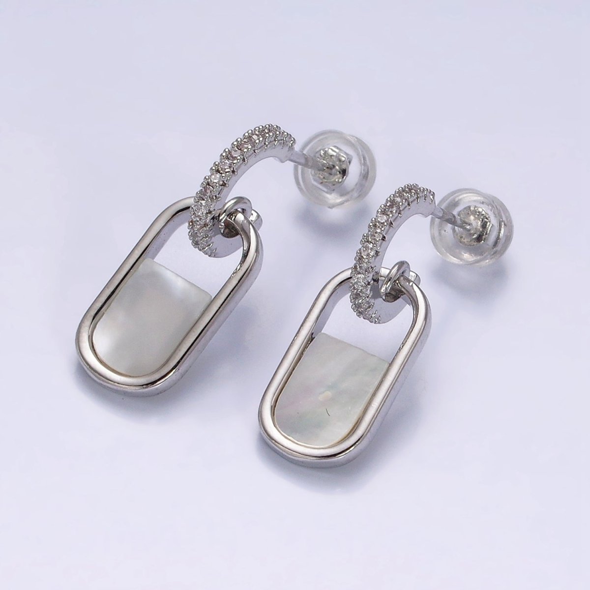 16K Gold Filled Half Shell Pearl Open Oblong Link Drop Micro Paved C-Shaped Hoop Earrings in Gold & Silver | Y-787 Y-788 - DLUXCA