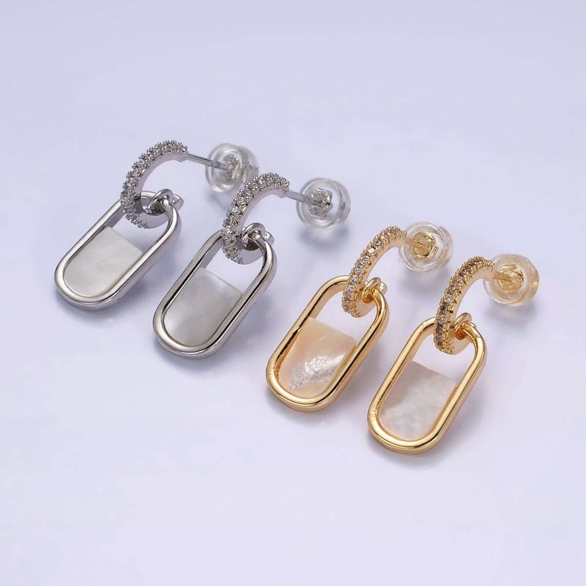 16K Gold Filled Half Shell Pearl Open Oblong Link Drop Micro Paved C-Shaped Hoop Earrings in Gold & Silver | Y-787 Y-788 - DLUXCA