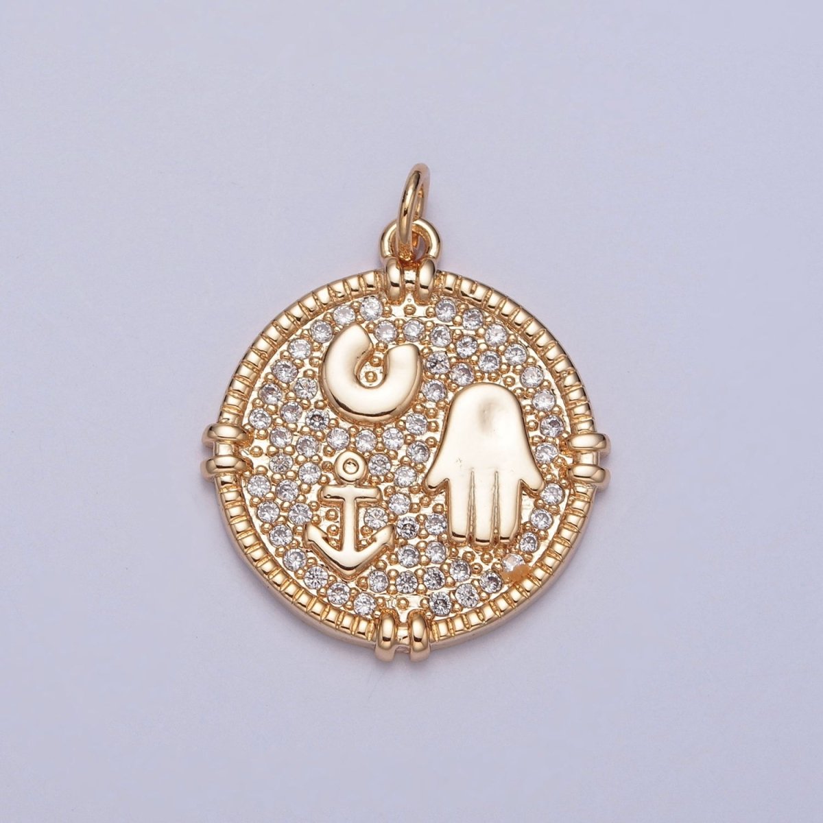 16K Gold Filled Hamsa Hand Horseshoe Anchor Micro Paved CZ Medallion Charm For Jewelry Making | X-260 - DLUXCA