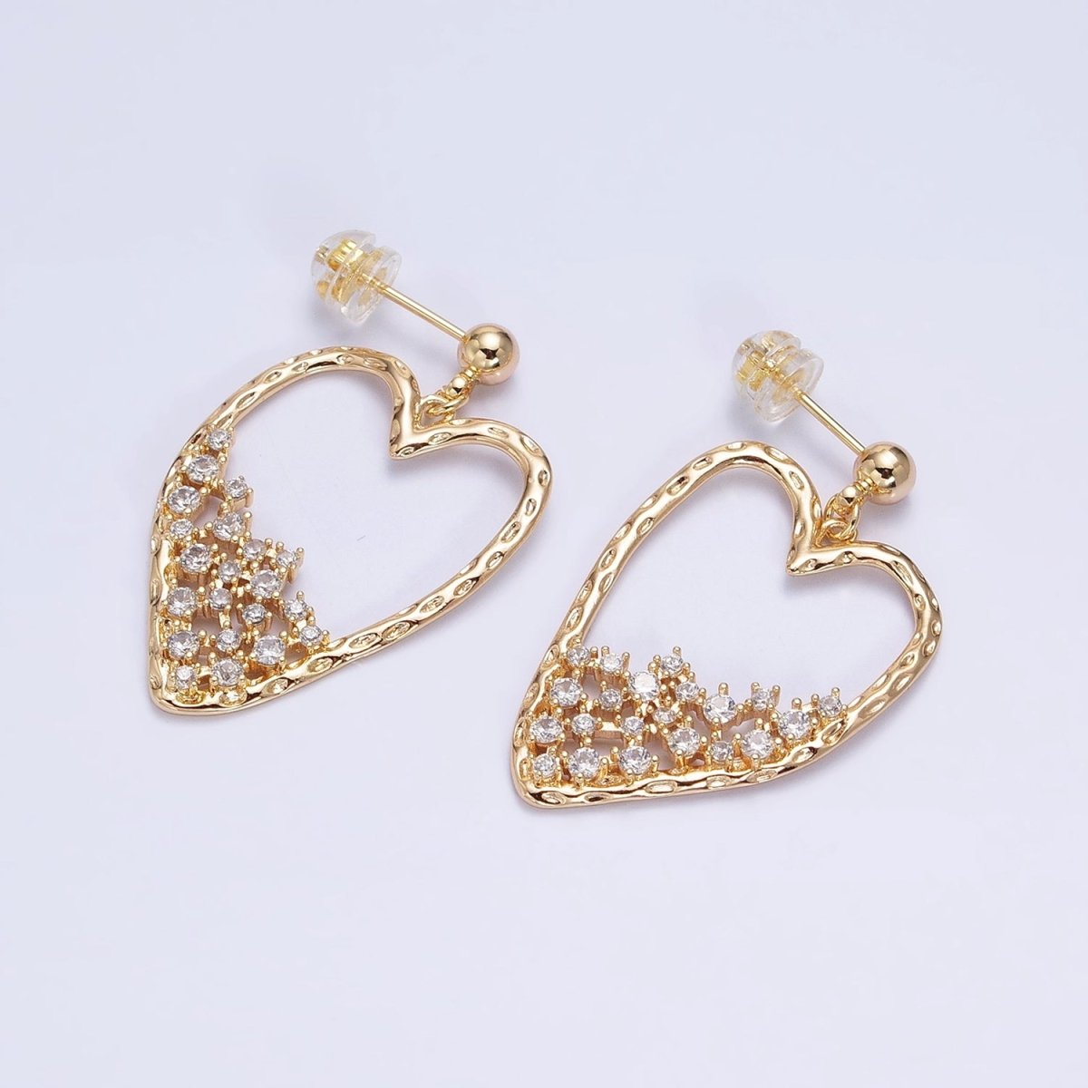 16K Gold Filled Heart Hammered Abstract Clear CZ Drop Dangle Stud Earrings in Gold & Silver | AB1540 AB1541 - DLUXCA