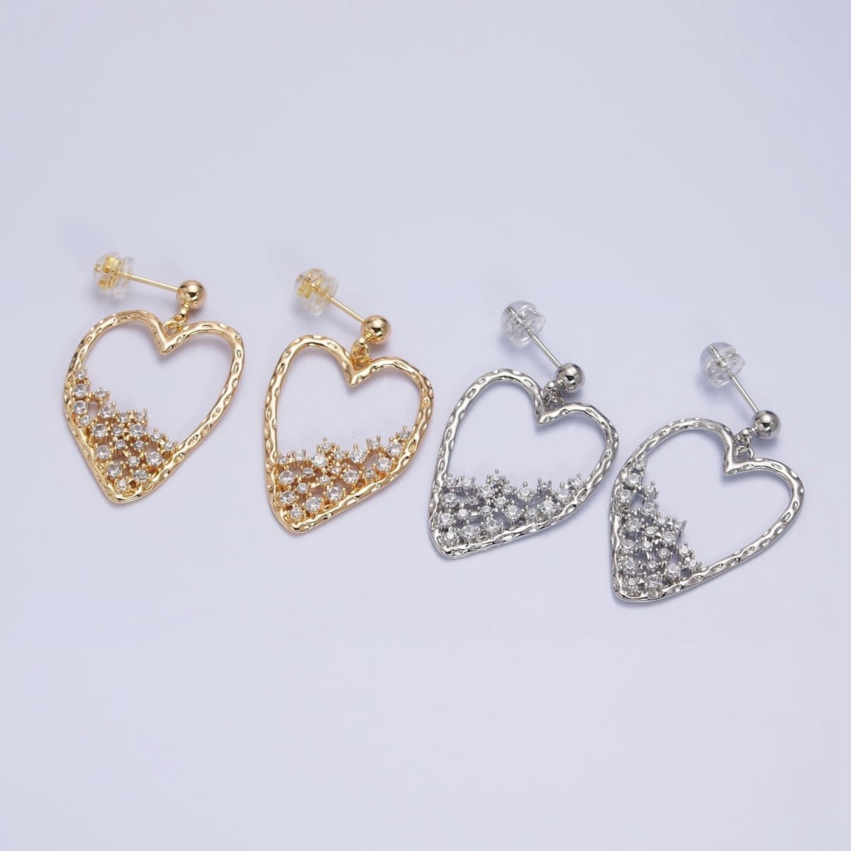 16K Gold Filled Heart Hammered Abstract Clear CZ Drop Dangle Stud Earrings in Gold & Silver | AB1540 AB1541 - DLUXCA