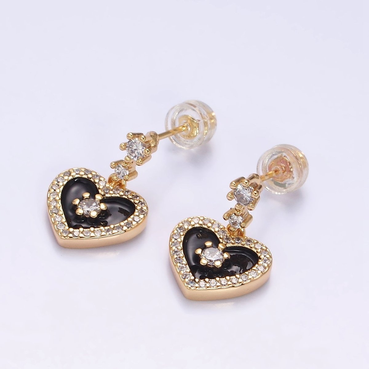 16K Gold Filled Heart Micro Paved White, Pink, Black Enamel Drop Double CZ Stud Earrings in Gold & Silver | AD1286 AD1294 AD1297 AD1301 AD1313 AD1315 - DLUXCA