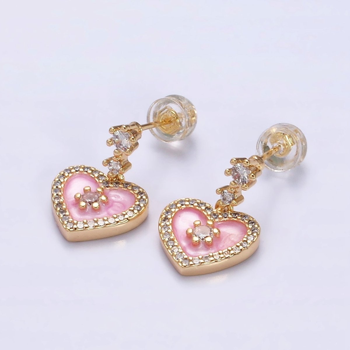 16K Gold Filled Heart Micro Paved White, Pink, Black Enamel Drop Double CZ Stud Earrings in Gold & Silver | AD1286 AD1294 AD1297 AD1301 AD1313 AD1315 - DLUXCA