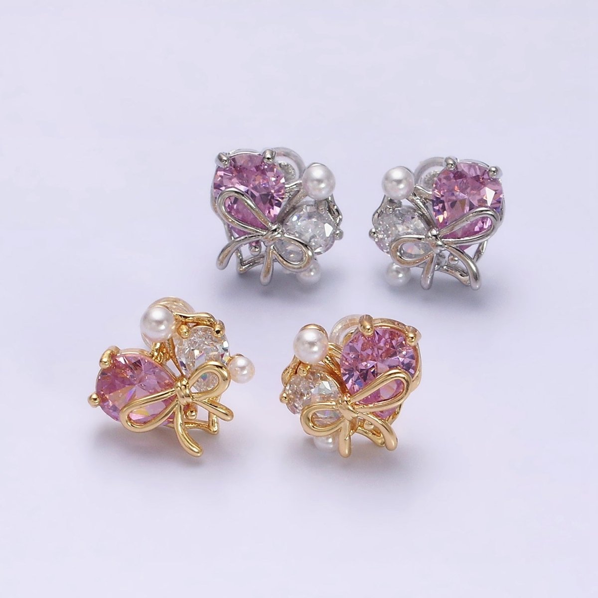 16K Gold Filled Heart Ribbon Tied Pink Clear Teardrop Pearl Stud Earrings in Gold & Silver | Y-851 Y-852 - DLUXCA