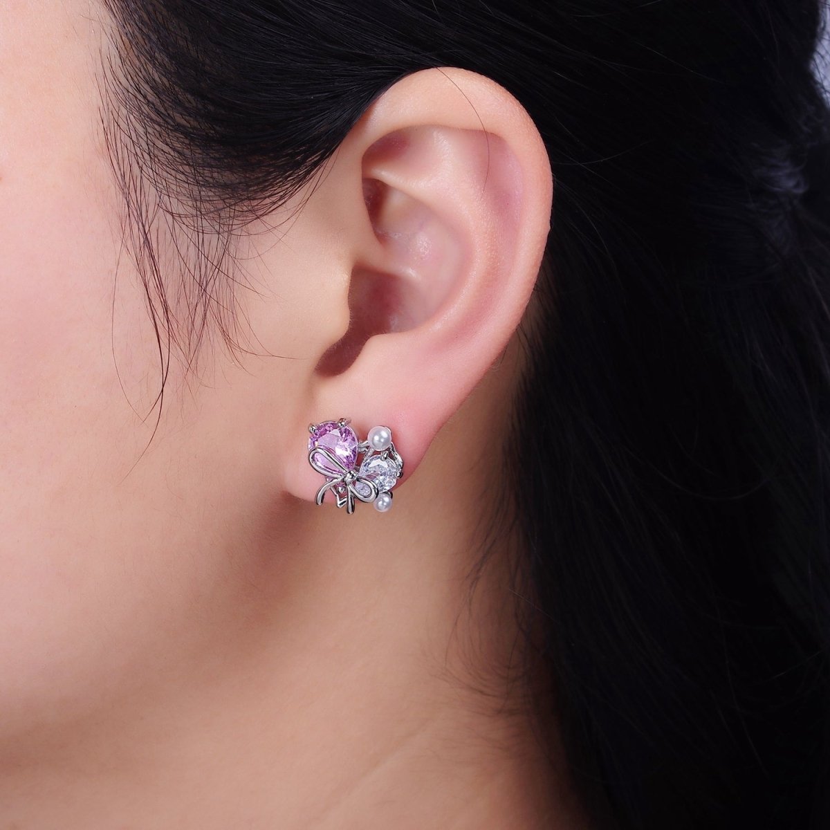 16K Gold Filled Heart Ribbon Tied Pink Clear Teardrop Pearl Stud Earrings in Gold & Silver | Y-851 Y-852 - DLUXCA