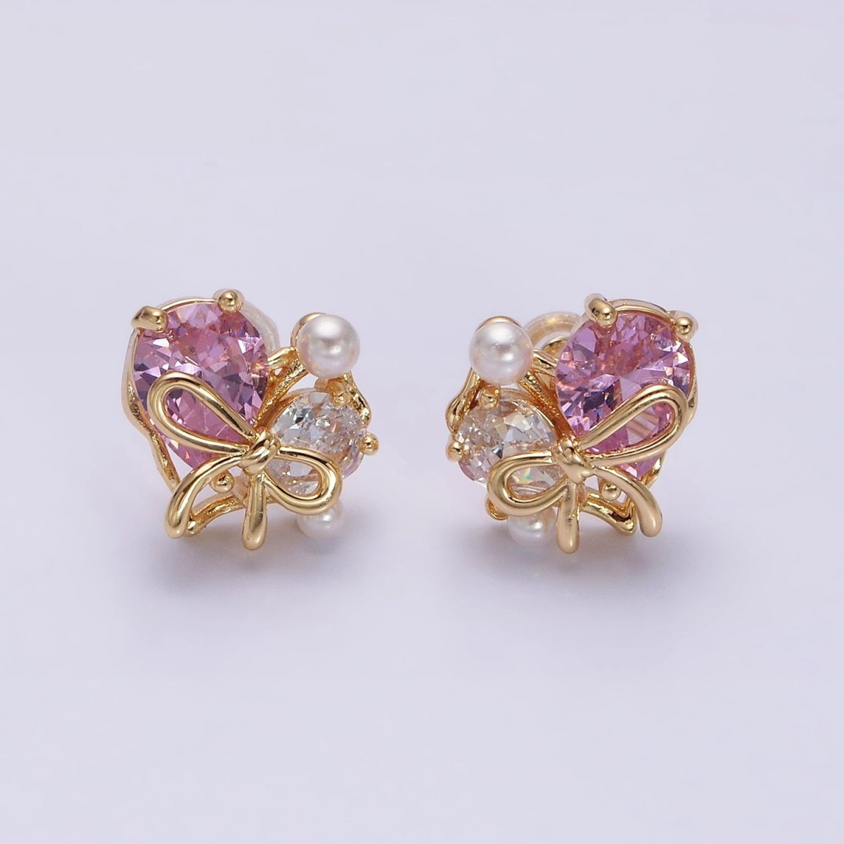 16K Gold Filled Heart Ribbon Tied Pink Clear Teardrop Pearl Stud Earrings in Gold & Silver | Y-851 Y-852 - DLUXCA