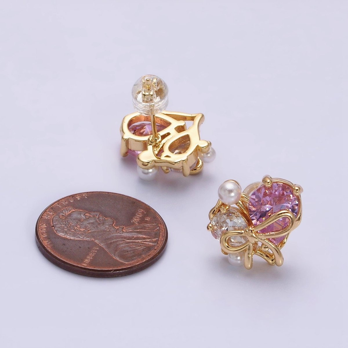 16K Gold Filled Heart Ribbon Tied Pink Clear Teardrop Pearl Stud Earrings in Gold & Silver | Y-851 Y-852 - DLUXCA