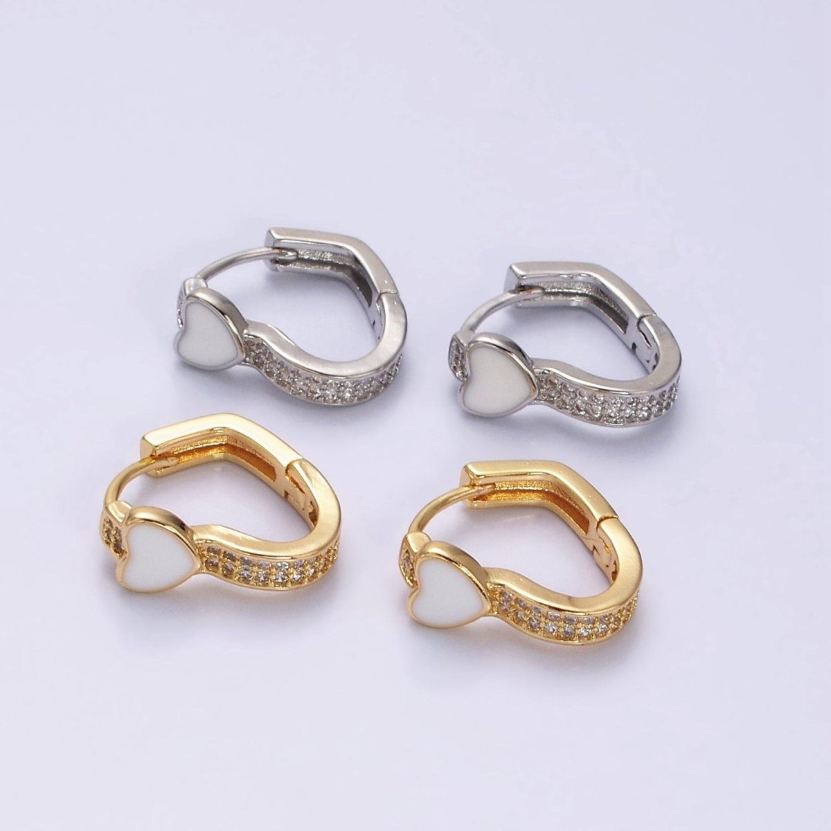 16K Gold Filled Heart White Enamel Micro Paved CZ 15.7mm Huggie Earrings in Gold & Silver | Y-837 Y-838 - DLUXCA