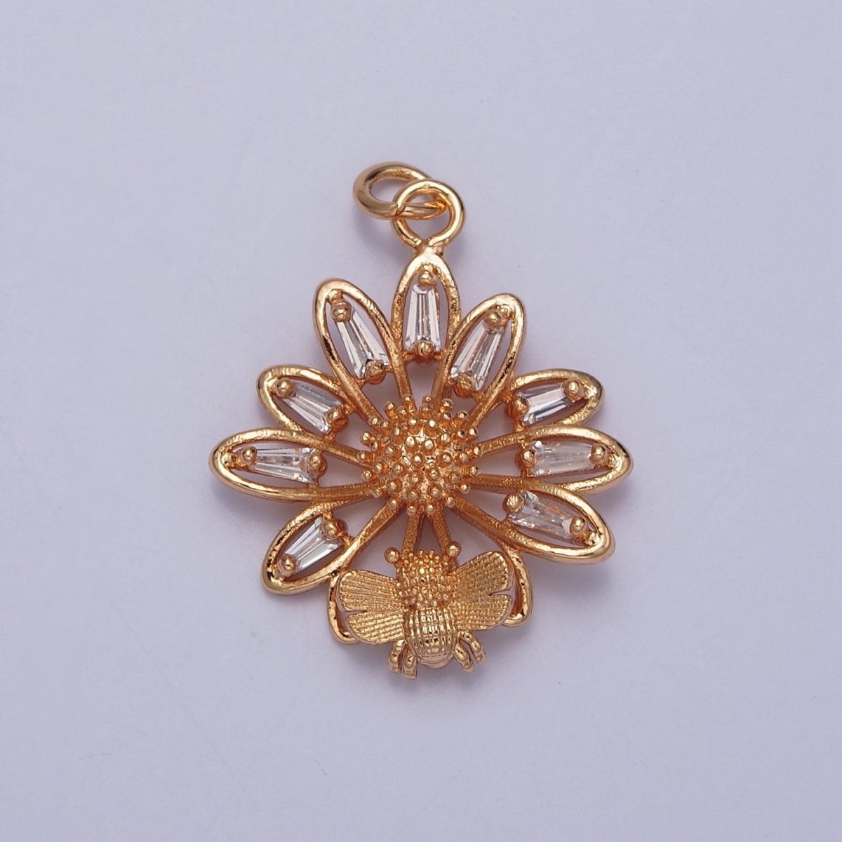 16K Gold Filled Honey Bee & Flower Baguette CZ Petal Charm For Spring Garden Jewelry | X-220 - DLUXCA