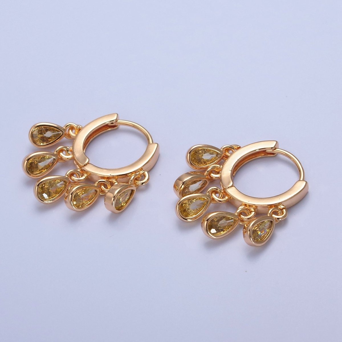 16K Gold Filled Huggie Earring with Tear Drop CZ Five Dangle Charm | T-480 ~ T-483, T-485 ~ T-486, X-827 - DLUXCA