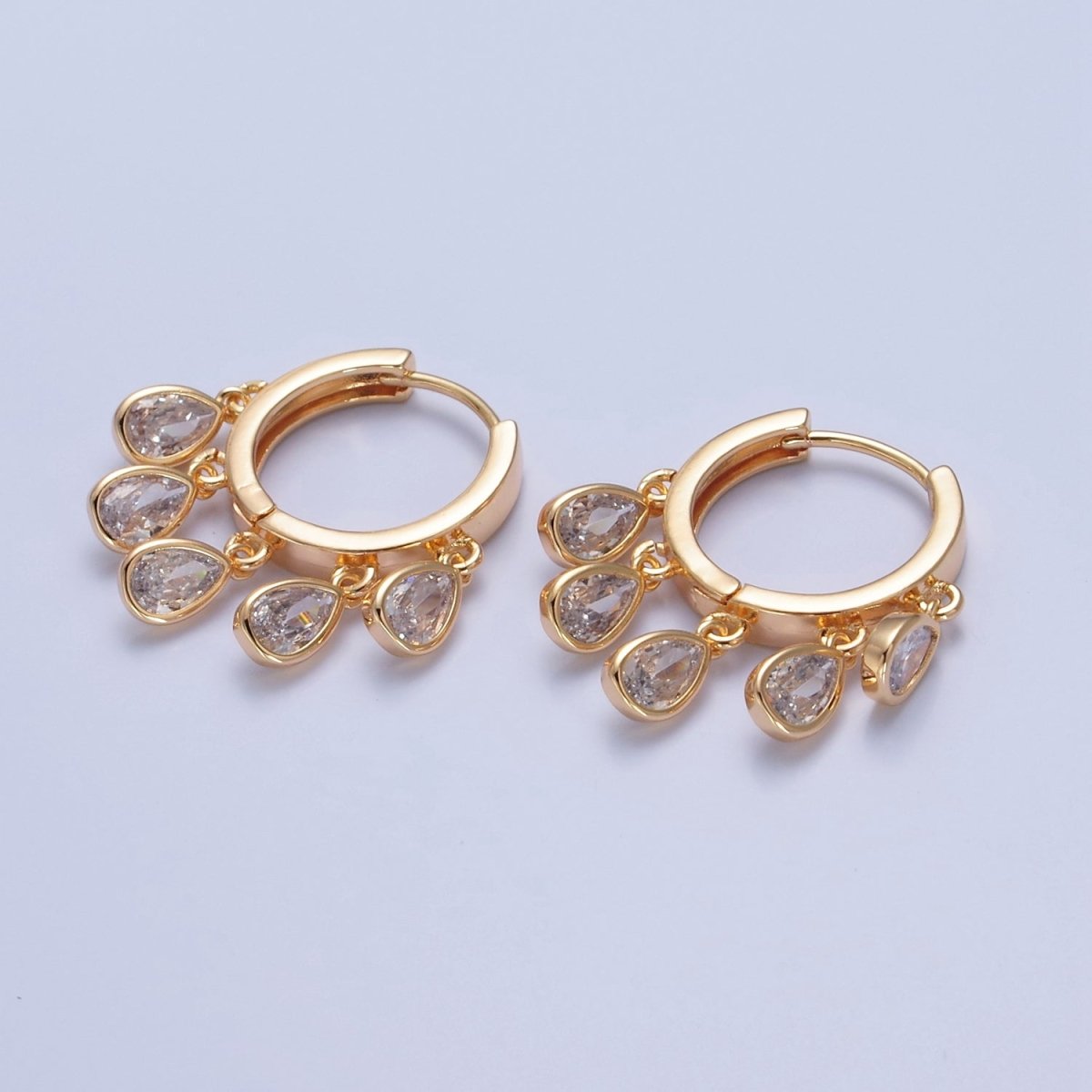 16K Gold Filled Huggie Earring with Tear Drop CZ Five Dangle Charm | T-480 ~ T-483, T-485 ~ T-486, X-827 - DLUXCA