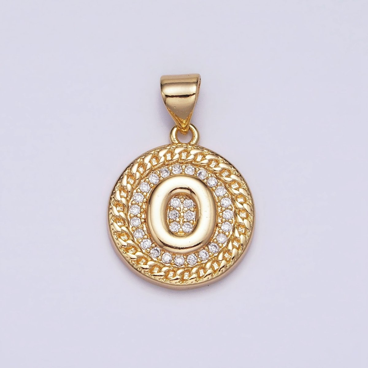 16K Gold Filled Initial Letter A-Z Micro Paved Curb Link Round Coin Pendant | AD331 - AD356 - DLUXCA