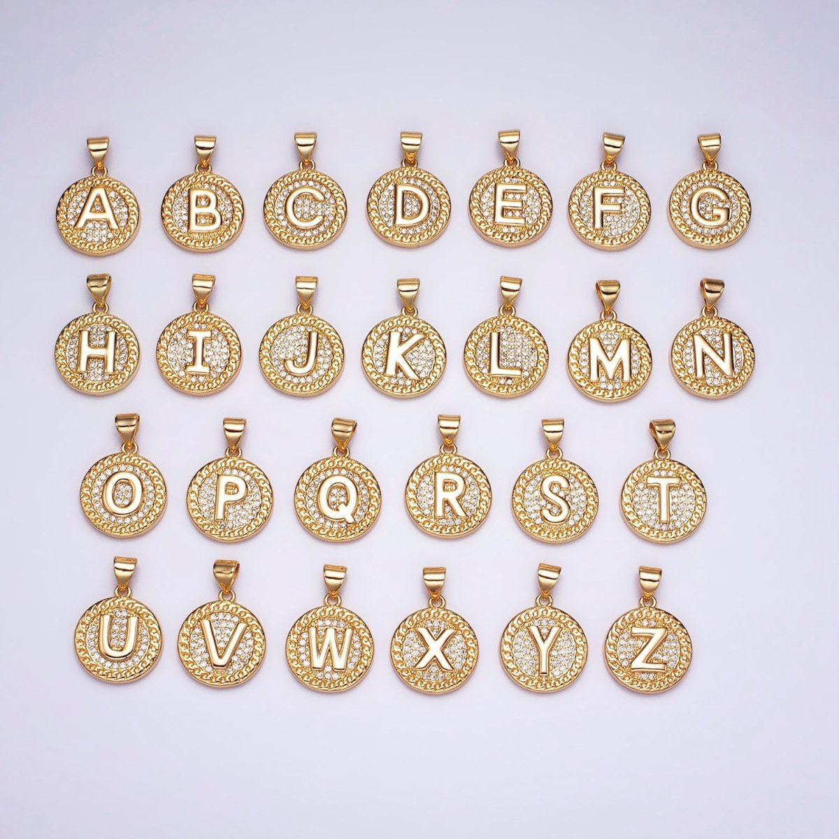 16K Gold Filled Initial Letter A-Z Micro Paved Curb Link Round Coin Pendant | AD331 - AD356 - DLUXCA