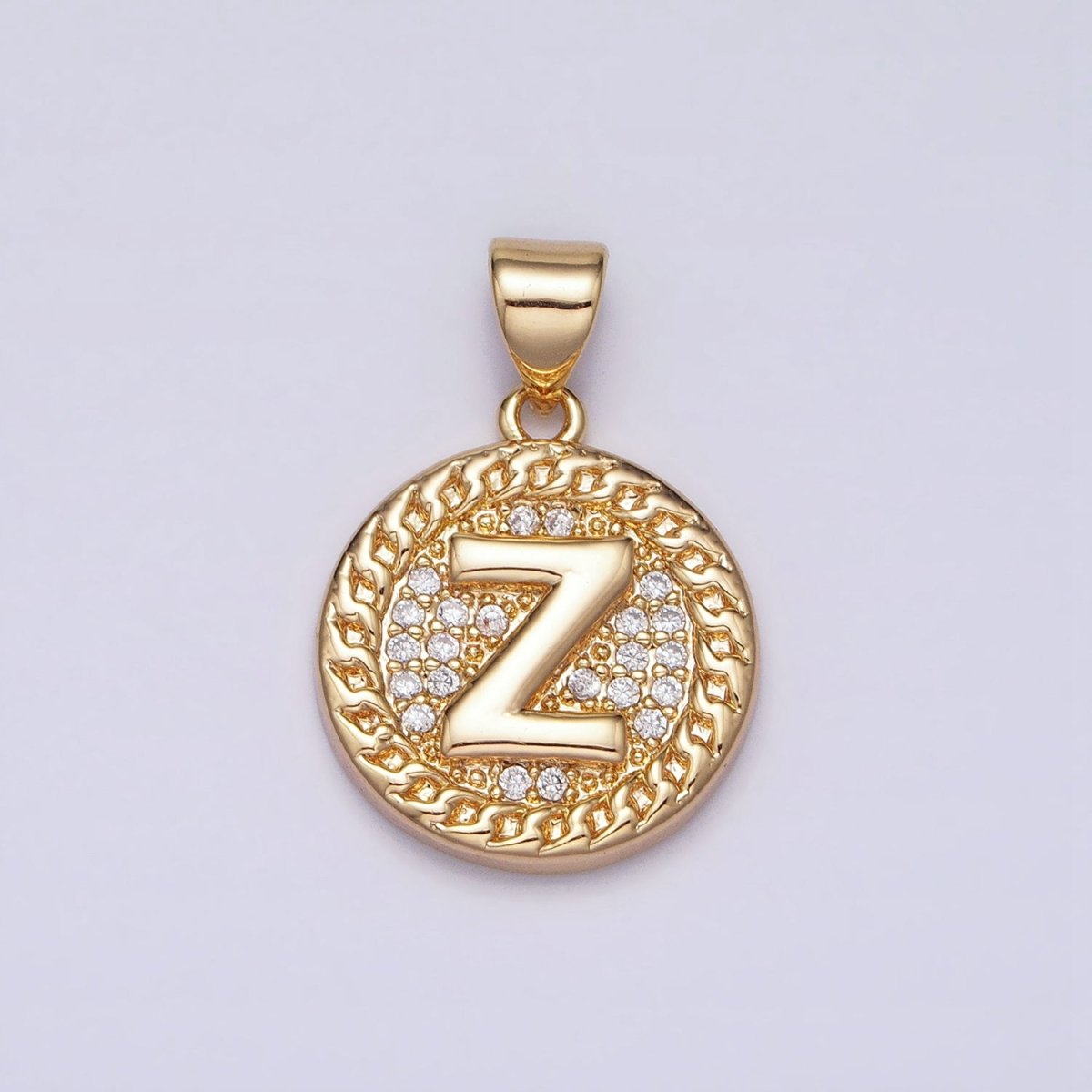 16K Gold Filled Initial Letter A-Z Micro Paved Curb Link Round Coin Pendant | AD331 - AD356 - DLUXCA