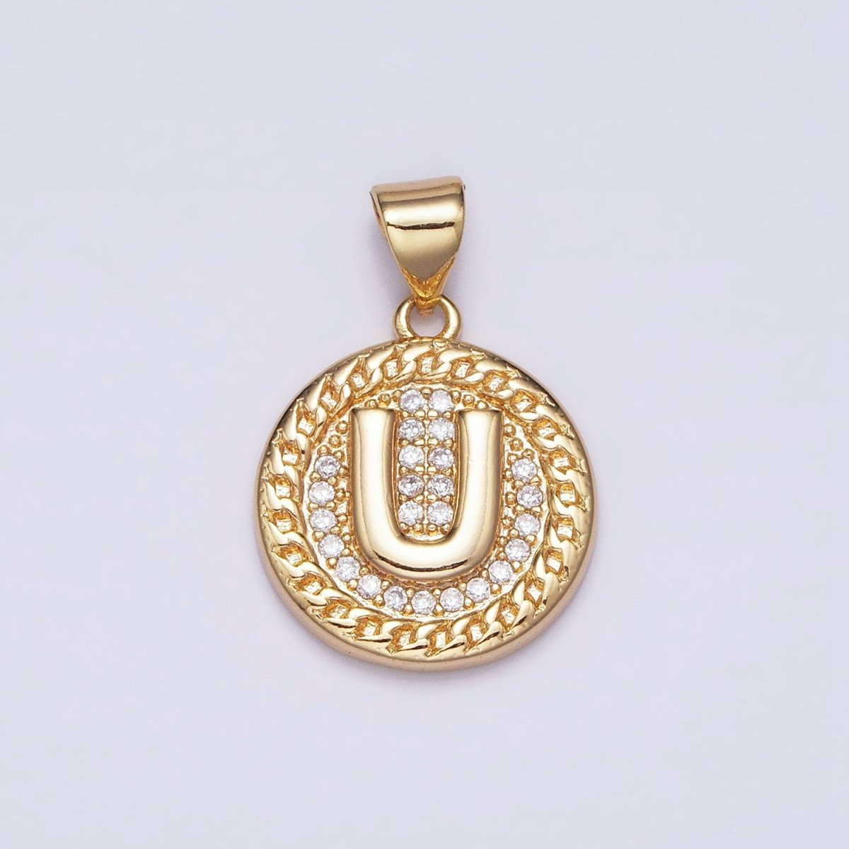 16K Gold Filled Initial Letter A-Z Micro Paved Curb Link Round Coin Pendant | AD331 - AD356 - DLUXCA