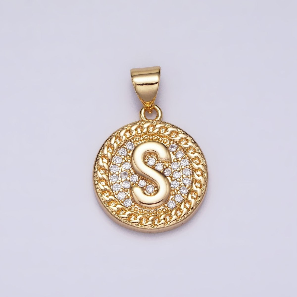 16K Gold Filled Initial Letter A-Z Micro Paved Curb Link Round Coin Pendant | AD331 - AD356 - DLUXCA