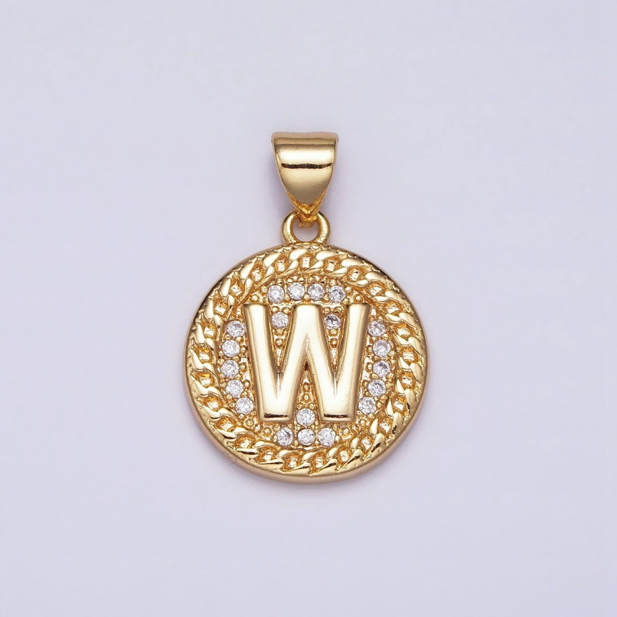 16K Gold Filled Initial Letter A-Z Micro Paved Curb Link Round Coin Pendant | AD331 - AD356 - DLUXCA