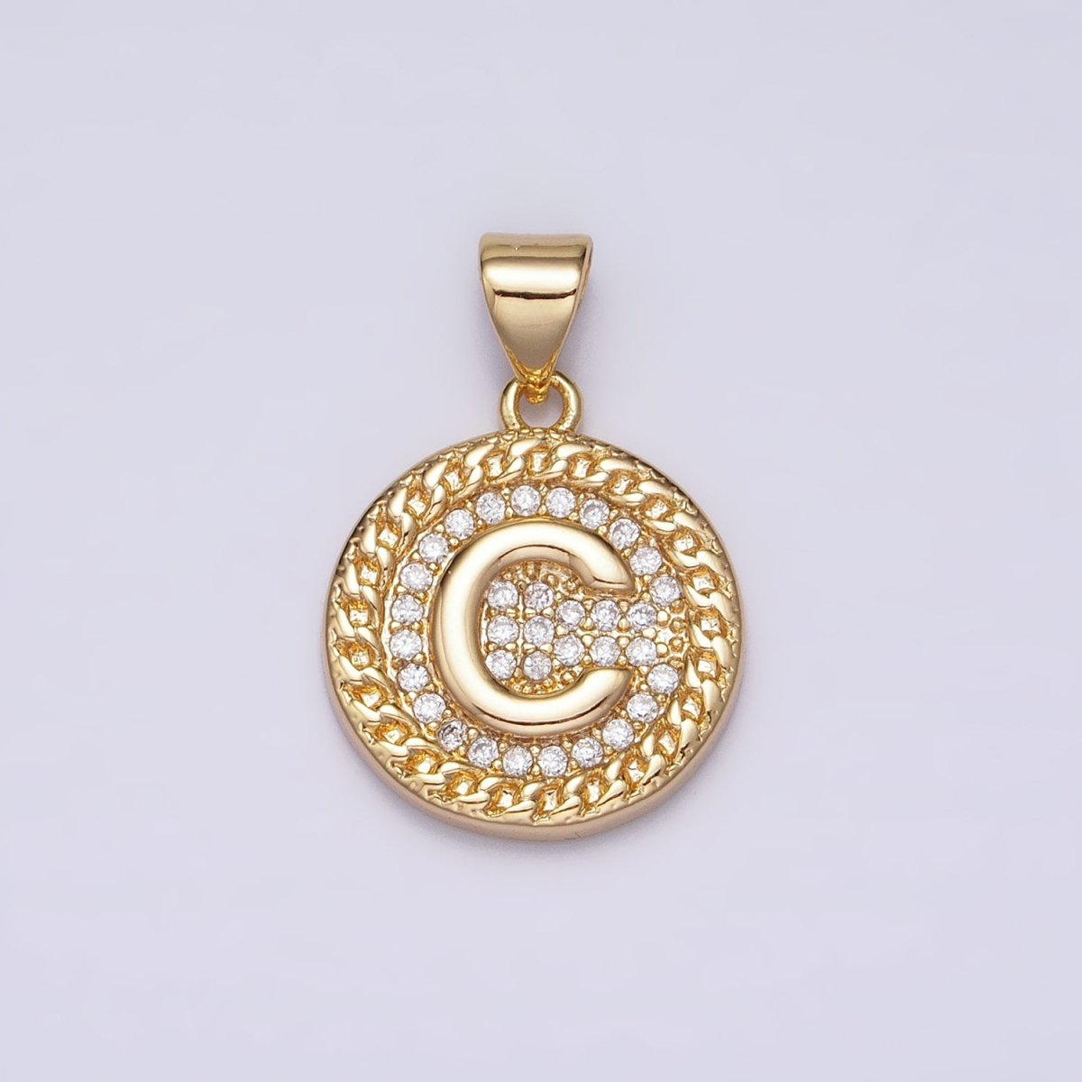 16K Gold Filled Initial Letter A-Z Micro Paved Curb Link Round Coin Pendant | AD331 - AD356 - DLUXCA