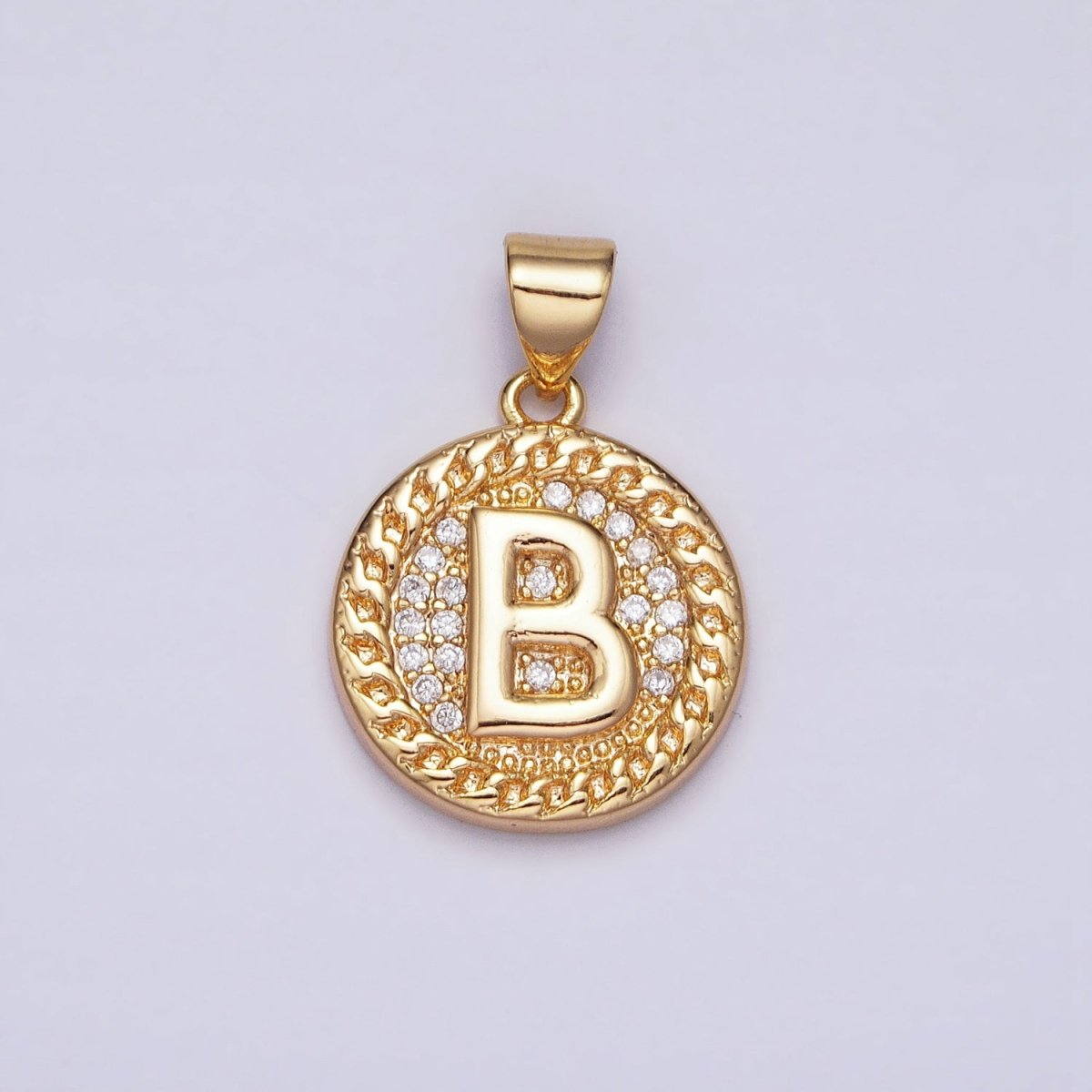 16K Gold Filled Initial Letter A-Z Micro Paved Curb Link Round Coin Pendant | AD331 - AD356 - DLUXCA