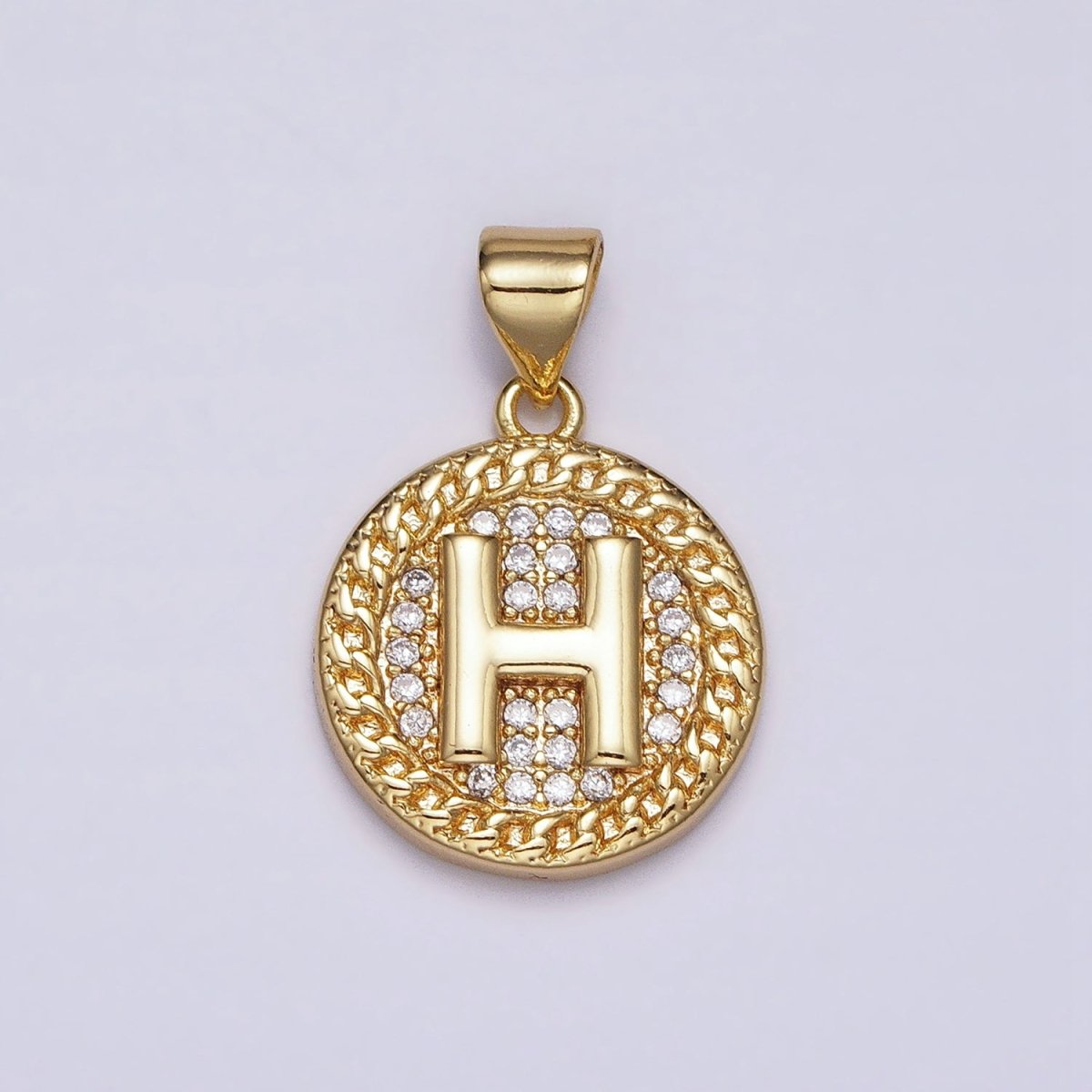 16K Gold Filled Initial Letter A-Z Micro Paved Curb Link Round Coin Pendant | AD331 - AD356 - DLUXCA