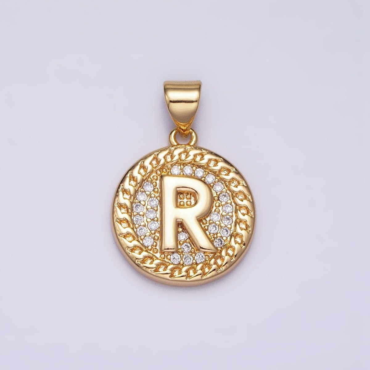 16K Gold Filled Initial Letter A-Z Micro Paved Curb Link Round Coin Pendant | AD331 - AD356 - DLUXCA