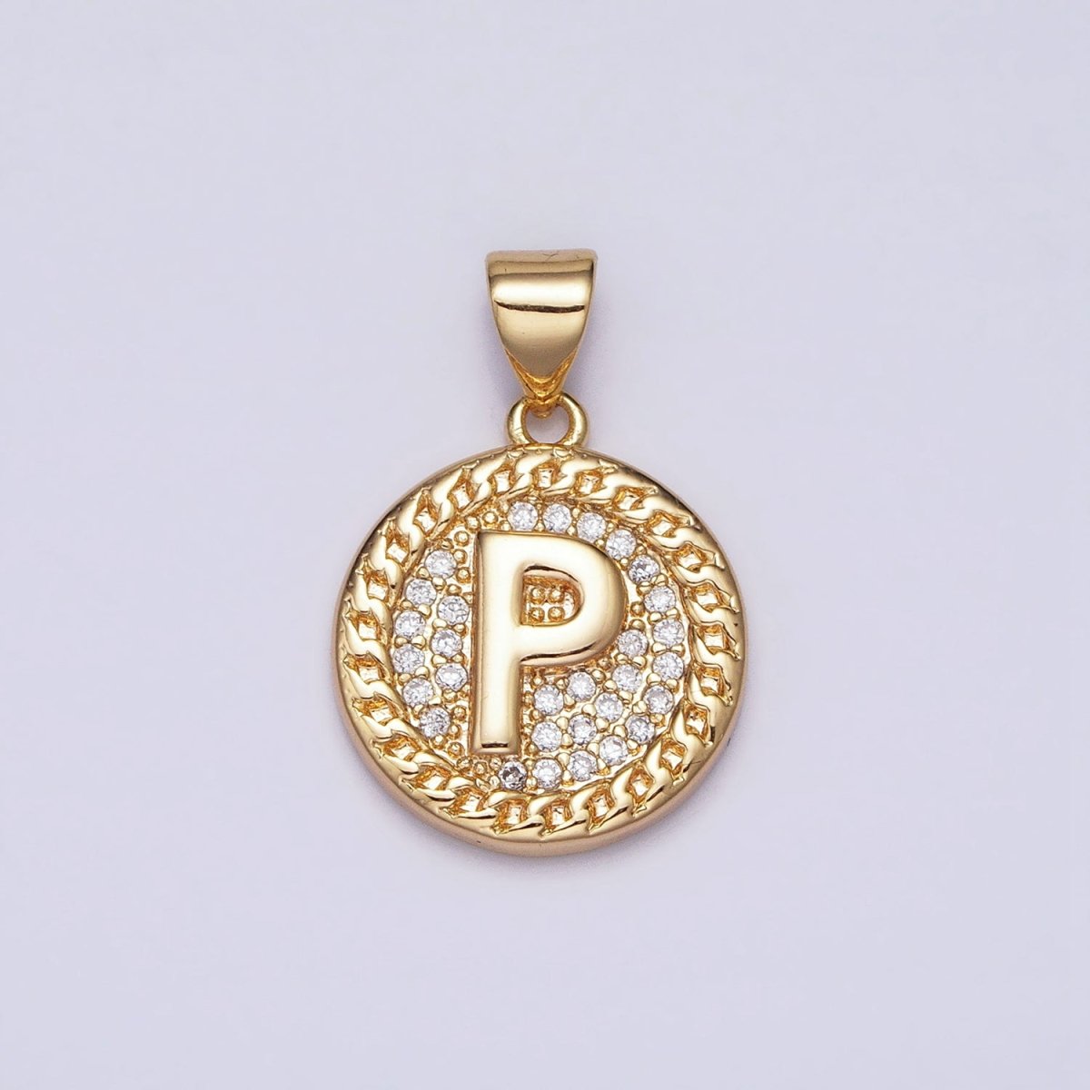 16K Gold Filled Initial Letter A-Z Micro Paved Curb Link Round Coin Pendant | AD331 - AD356 - DLUXCA