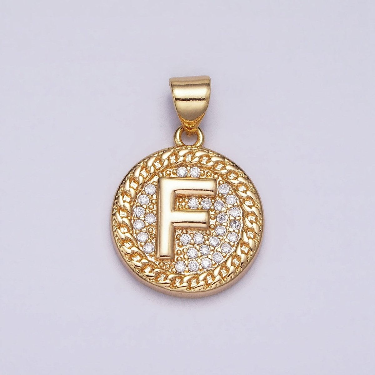 16K Gold Filled Initial Letter A-Z Micro Paved Curb Link Round Coin Pendant | AD331 - AD356 - DLUXCA