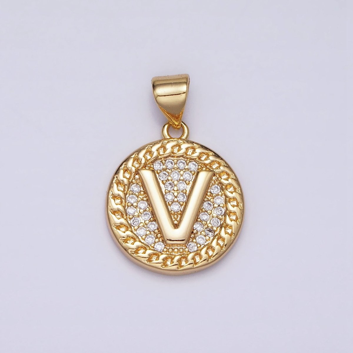 16K Gold Filled Initial Letter A-Z Micro Paved Curb Link Round Coin Pendant | AD331 - AD356 - DLUXCA