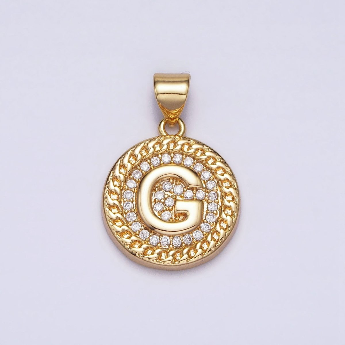 16K Gold Filled Initial Letter A-Z Micro Paved Curb Link Round Coin Pendant | AD331 - AD356 - DLUXCA