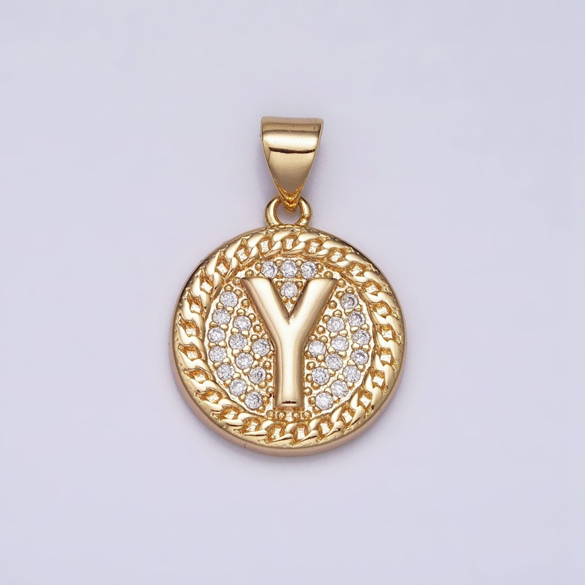 16K Gold Filled Initial Letter A-Z Micro Paved Curb Link Round Coin Pendant | AD331 - AD356 - DLUXCA