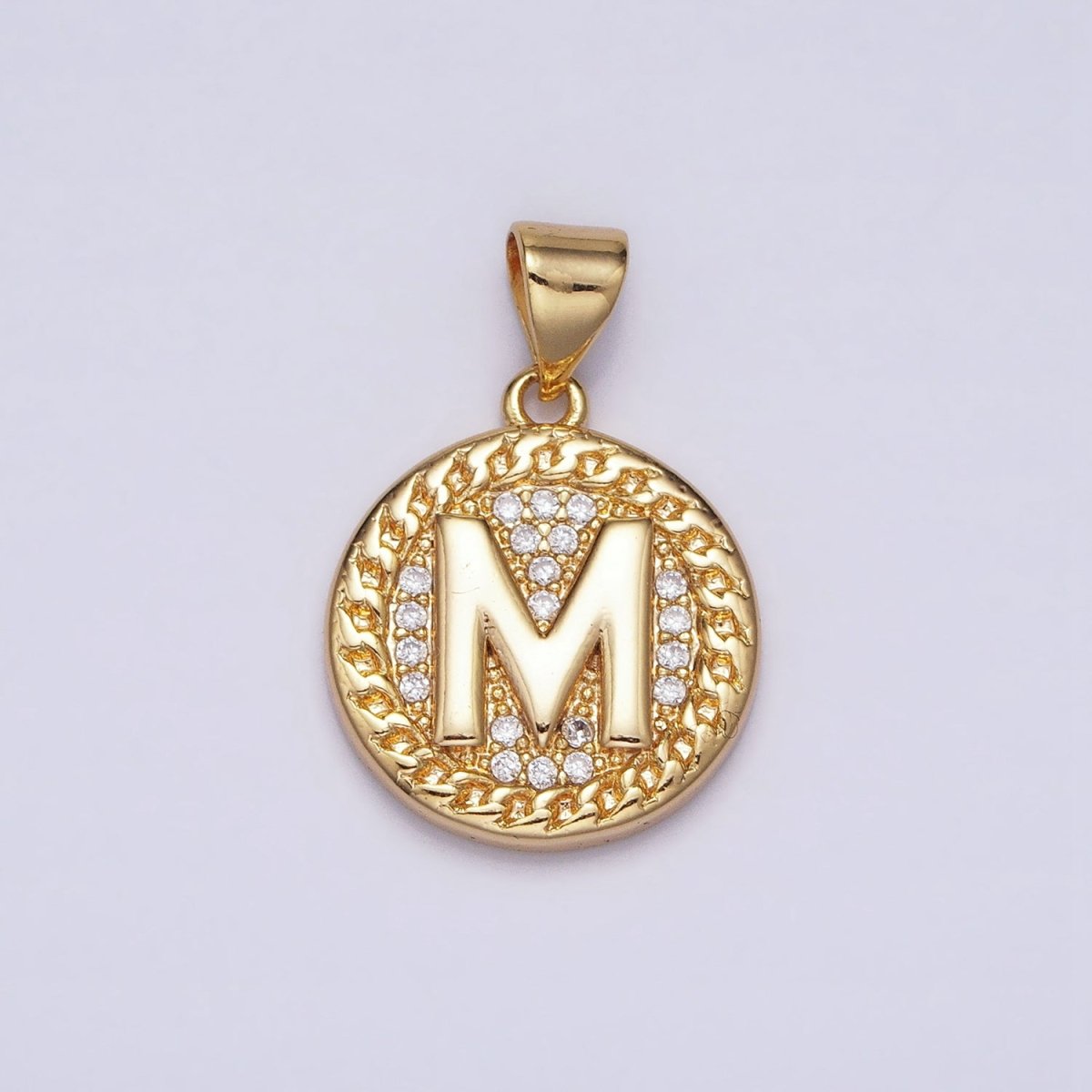 16K Gold Filled Initial Letter A-Z Micro Paved Curb Link Round Coin Pendant | AD331 - AD356 - DLUXCA