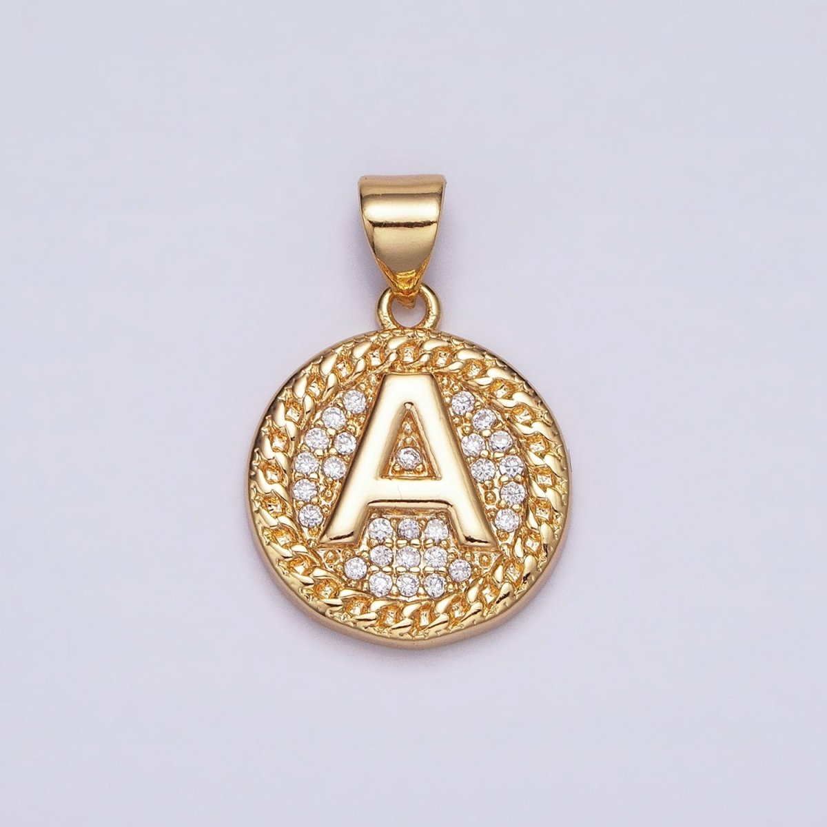 16K Gold Filled Initial Letter A-Z Micro Paved Curb Link Round Coin Pendant | AD331 - AD356 - DLUXCA